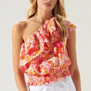 NWT Mellow Groove One Shoulder Ruffle Crop Top Floral Pink Size M